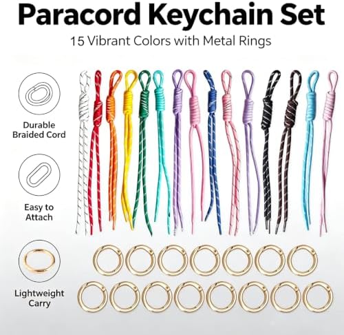 30Pcs Paracord Keychain Bag Charms, Colourful Braided Rope with Keyrings | 15 Paracord Ropes + 15 Gold Key Rings, Bag Charm Accessory, for Purse Backpack Handbag, Easy to Assemble - Image 3