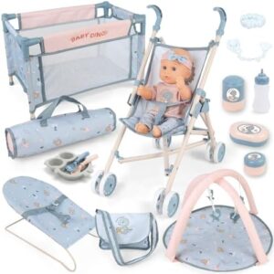 deAO 6 in 1 Baby Doll Accessories Set, Baby doll Pretend Role Playset with Dolls Cot, Dolls Pushchair,Play Mat, Swing Crib, Travel Bag for 3+ Years Old Kids Girls (Doll Included) | Pretend Play Set with Doll Stroller, Cot, Play Mat, Bouncer, Travel bag & Baby Doll, Imaginative Role Play Toys for kids