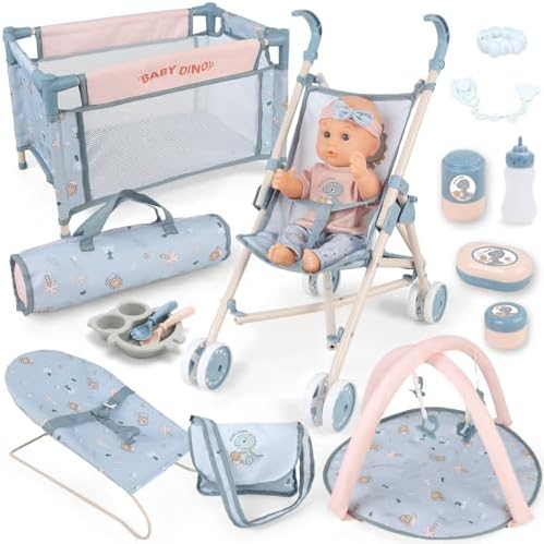deAO 6 in 1 Baby Doll Accessories Set, Baby doll Pretend Role Playset with Dolls Cot, Dolls Pushchair,Play Mat, Swing Crib, Travel Bag for 3+ Years Old Kids Girls (Doll Included) | Pretend Play Set with Doll Stroller, Cot, Play Mat, Bouncer, Travel bag & Baby Doll, Imaginative Role Play Toys for kids
