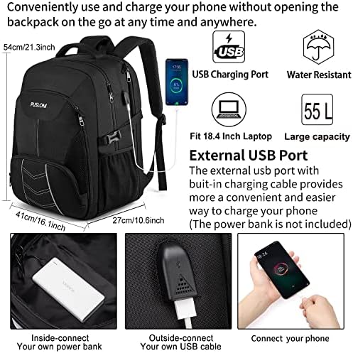 Extra Large Backpack 55L,18.4 Inch Travel Laptop Work Bag with USB Charging Port Big Business Flight Approved TSA Heavy Duty Computer Rucksack for Men Women College School,Black - Image 2