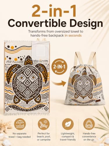 2-in-1 Convertible Beach Towel Backpack, Sand Repellent Quick Dry Microfiber Mat with Zip Pocket, Lightweight Packable - Image 2