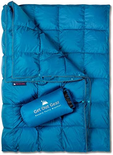 Get Out Gear Double Puffy Camping Blanket - Extra Puffy, Packable, Lightweight and Warm | Ideal for Outdoors, Travel, Stadium, Festivals, Beach, Hammock | Water-Resistant Camp Quilt (Teal Blue/Gray)