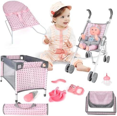 deAO Kids 5 in 1 Baby Doll Pretend Play Set, Baby Doll Accessories Set with Pushchair, Cot, Cradle, Play Mat, Travel Bag for 3+ Years Old Girls (Doll Not Included) - Image 2