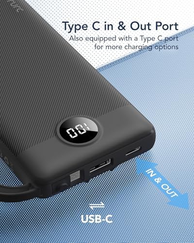 VRURC 10000mAh Power Bank With Built in Cables,USB C Battery Pack Portable Charger with 5 Outputs 2 Inputs Powerbank LED Display compatible with iPhone 17 16 15 14, Samsung,Android-Dark(1 Pack) - Image 4