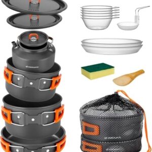 Odoland Camping Cookware Set Non-Stick Lightweight Camping Kettle Pots and Pans Mess Kit with Bowls Soup Spoon for Backpacking, Outdoor Cooking and Picnic for 4-6 People