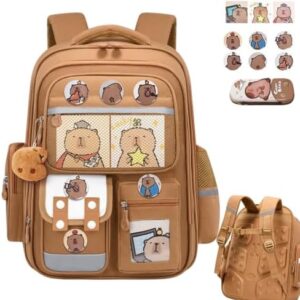 Capybara Backpack, Large Waterproof School Rucksack for Boys Girls, Multi-Compartment Book Bag with Pencil Case, Cards, Badges & Keychain, Breathable Padded Straps for School and Outdoor Activities