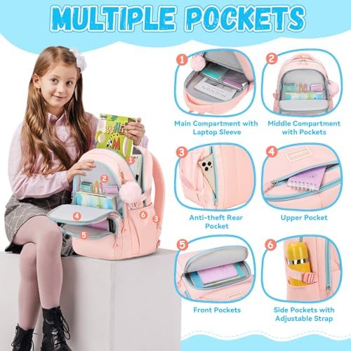 School Bag for Girls, Modern Contrast Color Kids Backpack for Primary High School Students, Fashion Bookbag Aged 6-12 with Furry Pom Pom - Image 4