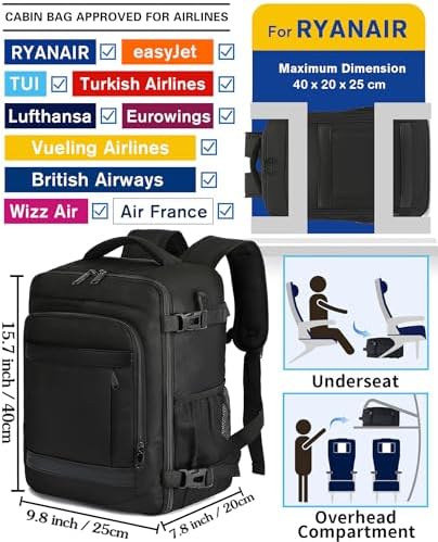 KLOSTAIN Cabin Bags 40x20x25 for Ryanair Underseat Travel Backpack Hand Luggage Carry-ons Bag Cabin Size 20L for Airplanes Flight Ruscksack Black - Image 2