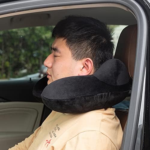 Inflatable Travel Pillow - 100% Soft Velvet Neck Support for Traveling, Airplanes, Trains, Cars, and Offices with Compact Carrying Bag, Breathable and Washable Cover, Ideal for Adult Sleepers -Black - Image 9