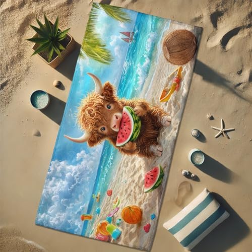 Cute Highland Cow Beach Towel Kids Beach Blanket, Fun Fanciful Design Quick Dry Soft Absorbent Sand Free Beach Essentials for Summer Vacations Pool 70x35 Inch - Image 3