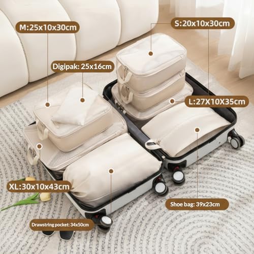 Travel Compression Packing Cube Set – Compression Organisers with Shoe Bag, Toiletry Pouch & Laundry Bag, Lightweight Luggage Storage for Business Trips or Weekend Getaways (Beige, 9 Set) - Image 2
