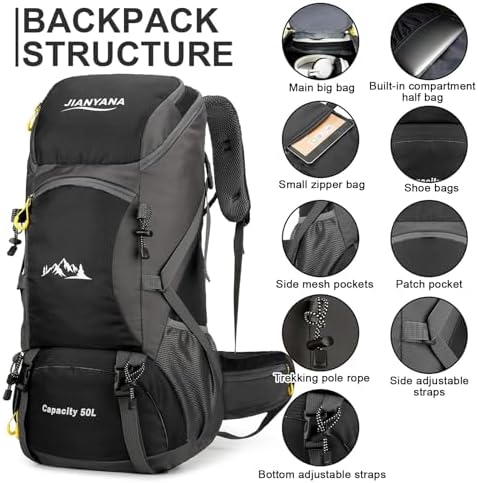 jianyana Hiking Backpack Waterproof 50L Foldable Rucksack Durable Lightweight Camping Bag with Rain Cover for Camping Trekking Hiking Walking Cycling Climbing Outdoor Sports for Women Men - Image 4