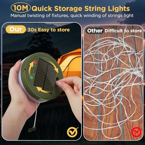 Famgoods Solar Camping Lights, 32.8Ft Solar & USB Retractable Camping String Lights with 8 Lighting Modes, IP65 Waterproof Tent Lights for Camping, 30s Roll up Camp Light for Outdoor, Tent, RV, Party - Image 3