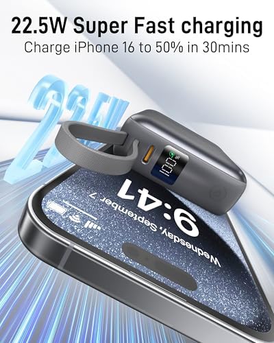 VINKO Small Power Bank with Built-in Cable,10000mAh Fast Charging Power Bank, 22.5W USB C Portable Charger, Mini Battery Pack for iPhone 16 15 14 13 Samsung Galaxy Google Android (Gray) - Image 3