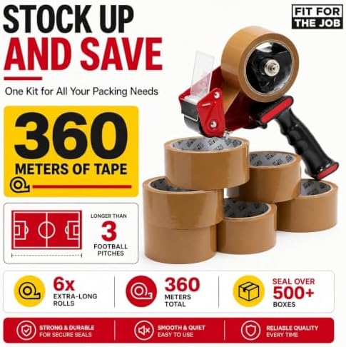 Fit For The Job Brown Parcel Tape Gun and Dispenser - Heavy Duty Packing Tape Dispenser for Efficient Sealing and Packing Needs - 6 Rolls - Image 6