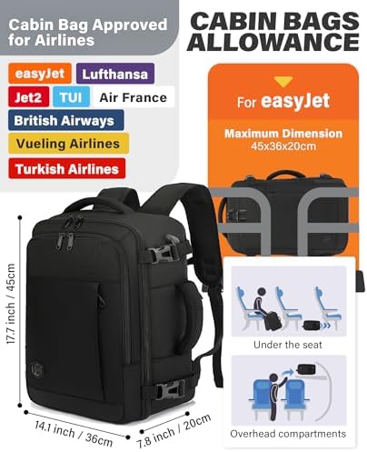 VANKEV Easyjet Cabin Bag 45x36x20 Travel Bag Hand Luggage Backpack Underseat Carry-ons Laptop Backpack Ruscksack Cabin Size Flight Bag Fit 15.6 Inch Laptop Black - Image 3