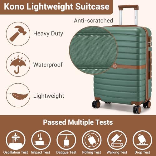 Kono Cabin Suitcase 55x40x20 Lightweight ABS + PC Hard Shell Carry On Trolley Case Small Travel Hand Luggage with 3 Digit Combination Lock Spinner Wheels (Green/Brown) - Image 2