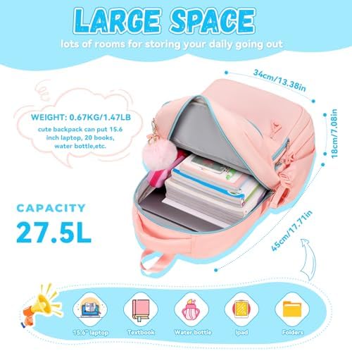 School Bag for Girls, Modern Contrast Color Kids Backpack for Primary High School Students, Fashion Bookbag Aged 6-12 with Furry Pom Pom - Image 2