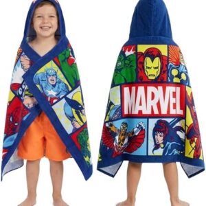 Get Trend Marvel Hooded Towels for Boys, Cotton Bath & Beach Towel Poncho, Soft & Absorbent Kids Hooded Shower Swimming Wrap & Changing Robe, Travel Holiday Essentials (Multi Marvel)