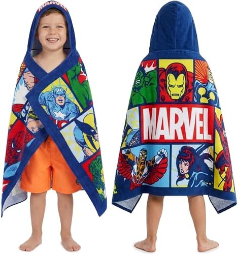 Get Trend Marvel Hooded Towels for Boys, Cotton Bath & Beach Towel Poncho, Soft & Absorbent Kids Hooded Shower Swimming Wrap & Changing Robe, Travel Holiday Essentials (Multi Marvel)