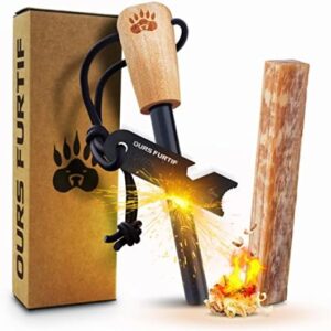Survival Flint and Steel - Fire Starter Ferrocerium XL 10mm - Light More Than 15,000 Fires Ferro Rod - Firelighter Included - Firestarter Survival Kit for Camping, Bushcraft (Pine wood)