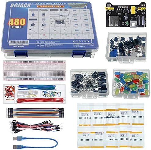 BOJACK 37 Values 480 Pcs Electronics Component Fun Kit with Power Supply Module, Jumper Wire,Precision Potentiometer,830 tie-Points Breadboard Compatible with STM32,Raspberry Pi,Arduino - Image 2