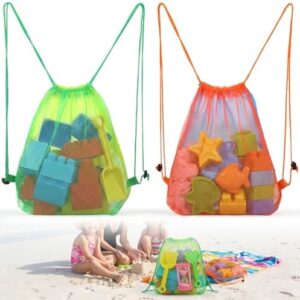 2PCS Large Drawstring Mesh Beach Backpack Bag Toys Outdoor Bags | Portable Sand Toys Storage Net Vacation Essentials Shell Collecting Bag Beach Must Haves Box Toy Seashell Travel Pouch