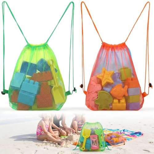 2PCS Large Drawstring Mesh Beach Backpack Bag Toys Outdoor Bags | Portable Sand Toys Storage Net Vacation Essentials Shell Collecting Bag Beach Must Haves Box Toy Seashell Travel Pouch