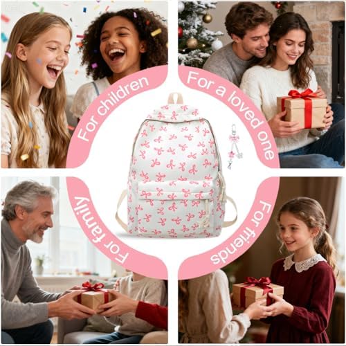 Pink Bow School Backpack for Girls | Kawaii Preppy Aesthetic Rucksack with Adjustable Straps & Keychain | 15L Cute Durable Bookbag for Teenagers, Secondary & Primary School Students - Image 8