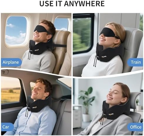 Patented Head-Bobble-preventing Ergonomic 360° Supporting Golden Formula Memory Foam Travel Neck Pillow w/3D Contoured Eye Mask Set Long Trip Sleeping Essentials for Airplane Flight Car Bus - Image 8