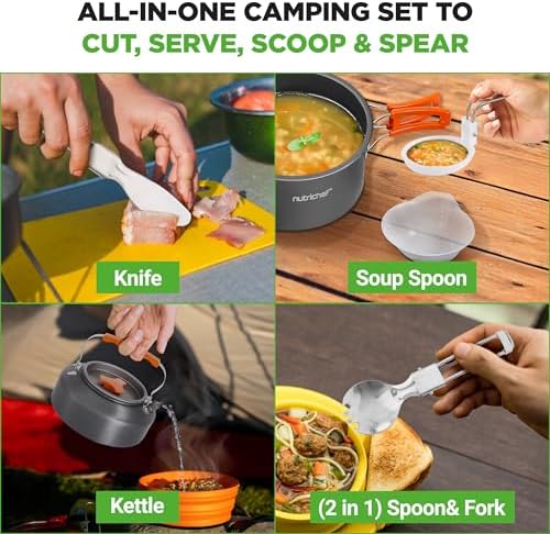 NutriChef Camping Cookware Set - Lightweight Nonstick Pots, Pans, Utensils, Bowls, Cutlery, and Cleaning Tools with Mesh Bag, Foldable Handles, Compact Outdoor Cooking Gear for Hiking & Travel (Grey) - Image 7