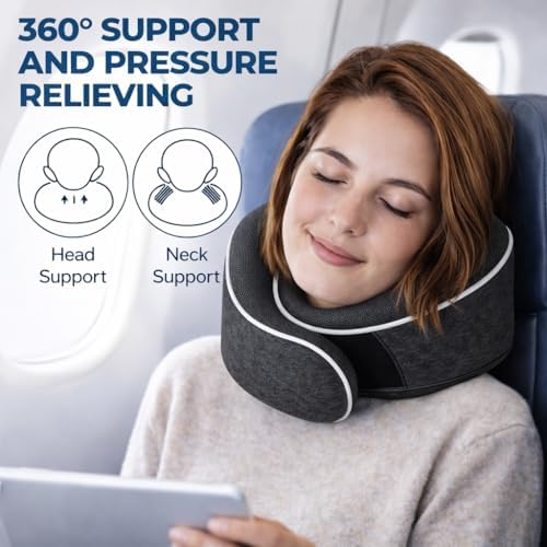Relaxd Travel Pillow for Adults | Adjustable Memory Foam Neck Pillow for Travel | 360 Degree Neck Support | Removable Pillow Case | Includes Eye Mask, Earplugs, Travel Bag | Dark Grey | UK Brand - Image 2