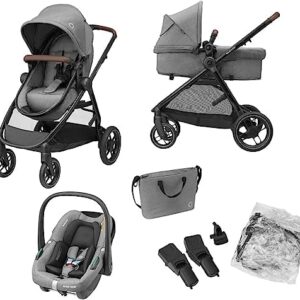 Maxi-Cosi Zelia S Trio 3-in-1 Prams Travel System, 0 - 4 Years, Up to 22 kg, Foldable, Compact and Reclining Baby Pushchair, with CabrioFix S i-Size Baby Car Seat, Accessories, Nursery Bag, Grey