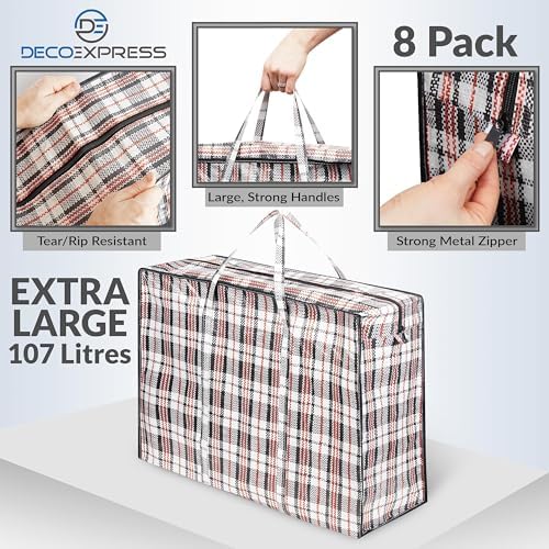 DECO EXPRESS Laundry Bags XXL, Pack of 8, 107L Strong, Durable & Reusable Extra Large Storage Bags with Zips, Ideal for Moving, Shopping, Packing, Laundry & Clothes Storage (76 X 59 X 24 CM) - Image 4
