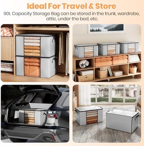 Oak & Tea Storage Bags 90L 6-Pack, Moving Bags & Wardrobe Organiser with Lid & Zips, PE Coated Woven Fabric - Waterproof Storage Box with Clear Window for Clothes, Blankets, Bedding 60x43x35cm - Image 5
