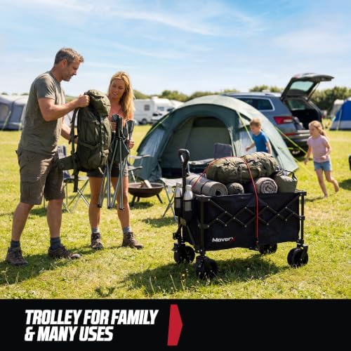 MoverX 120L Festival Trolley on Wheels, Folding Wagon, Portable Camping Cart, Collapsible Foldable Trolly for Beach Outdoor Garden Picnic Shopping Fishing, Wide Wheels, Adjustable Handle, Black - Image 7