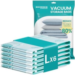SONGMICS Vacuum Storage Bags, Vacuum Seal Suction Bags for Clothes Bedding Travel, Space Saver Reusable, 6 Pack, L, Transparent LVB102W101