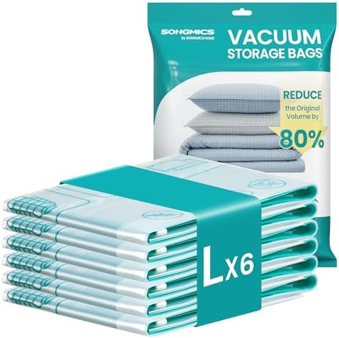 SONGMICS Vacuum Storage Bags, Vacuum Seal Suction Bags for Clothes Bedding Travel, Space Saver Reusable, 6 Pack, L, Transparent LVB102W101