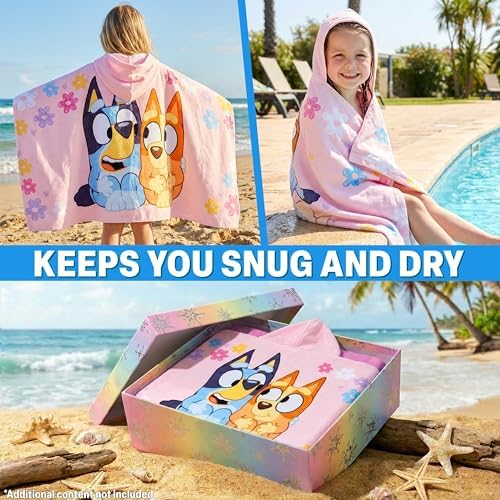 Get Trend Bluey Hooded Towels for Girls, Cotton Beach & Bath Towel Poncho, Soft & Absorbent Hooded Kids Shower Swimming Wrap & Changing Robe, Pool, Travel & Holiday Essentials (Pink Bluey) - Image 3