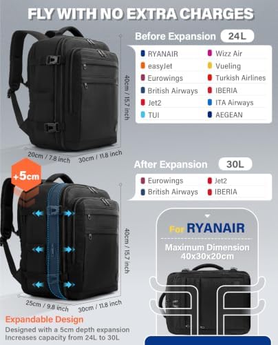 VANKEV Ryanair EasyJet Eurowings Wizz Air Cabin Bag Expandable 40x30x20 to 40x30x25, 24L to 30L, Underseat Hand Luggage For Travel Fits 15.6 Inch Laptop black - Image 2