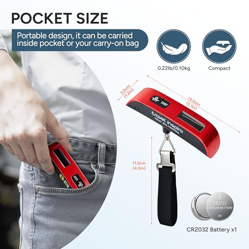 travel inspira Luggage Scale, Portable Suitcase Weighing Scales, Travel Accessories for Luggage, 110lb/50kg, Unit Conversion, Temperature Measurement, Auto Off, Battery Included (Red) - Image 5