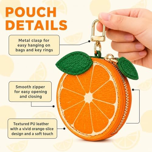 Mini Coin Purse Keychain, Orange Fruit Leather Coin Pouch Charm, Small Zipper Bag for Handbags, Backpacks & Accessories for Girls and Women - Image 3