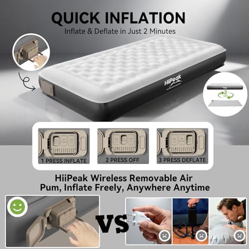 HiiPeak Single Inflatable Bed, 22cm Camping Air Mattress with Wireless Removable Built-in Pump, Blow Up Bed, Self Inflating Guest Bed All Night Stability, No Bad Smell for Tent Camping, Home, Guests - Image 2
