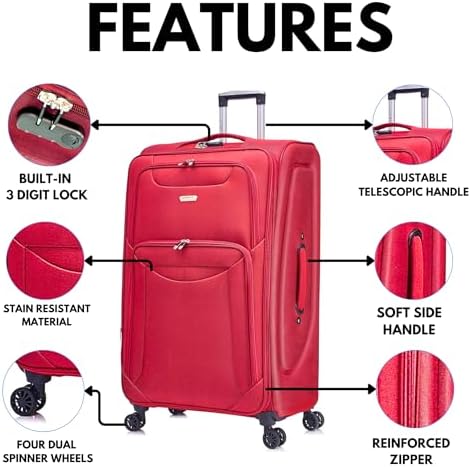 FLYMAX 29" Large Super Lightweight 4 Wheel Suitcase Luggage Expandable with Wheels Red - Image 3