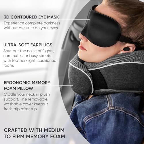 Proglobe Travel Pillow, Memory Foam Neck Pillow Set, Orthopedic Pillow, Travel Essentials for Flying, Kit with 3D Contoured Sleep Mask, Earplugs and Luxury Mesh Bag (Dark Grey) - Image 4