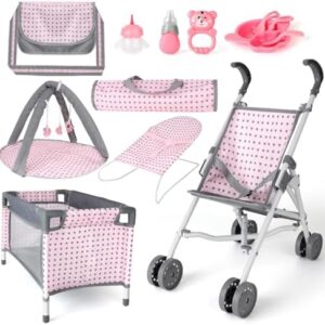 deAO Kids 5 in 1 Baby Doll Pretend Play Set, Baby Doll Accessories Set with Pushchair, Cot, Cradle, Play Mat, Travel Bag for 3+ Years Old Girls (Doll Not Included)