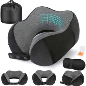 Cirorld Travel Pillow for Airplane, Neck Pillow for Travel, Memory Foam Travel Neck Pillow for Adults, Adjustable & Compact Flight Pillow, Ergonomic Neck Cushion, With Ear Plugs, Eye Mask, Carry Bag