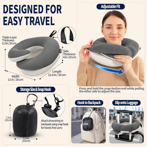 BUYUE Travel Neck Pillows for Airplanes, 360° Head Support Sleep for Long Flight, Skin-Friendly & Breathable, Kit with 3D Contoured Eye Mask, Earplugs and Storage Bag (Adult, Grey, 100+ lbs) - Image 5