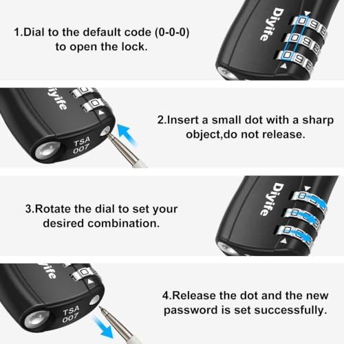Diyife TSA Approved Luggage Locks with Flexible Steel Cable, Easy to Set up | 3-Digit Combination Suitcase Locks, Small Padlocks with Code for Travel, Bag, Backpack, Zinc Alloy Body (Black, 2 Pack) - Image 7