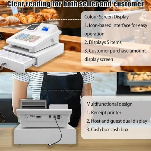 Cash Register Till Electronic, Registers Smart Till with Split Design Money Drawer Plug Play Compact Digital LED Commercial No WiFi for Small Business Shop Retail Hospitality White 48 Keys - Image 4